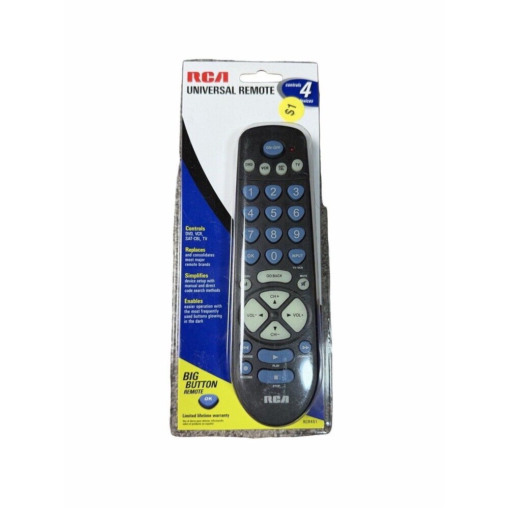 RCA RCR451 4-Device Universal Remote Control for TV DVD VCR SAT/CBL - NEW